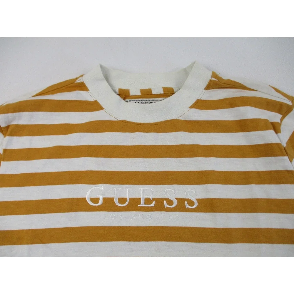 Guess Shirt Mens Medium Mustard Yellow Striped Originals Embroidered Logo Tee - Picture 4 of 10